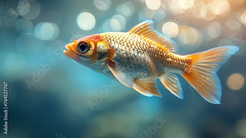  a goldfish in a bubble-filled aquarium, with soft light diffused through the water