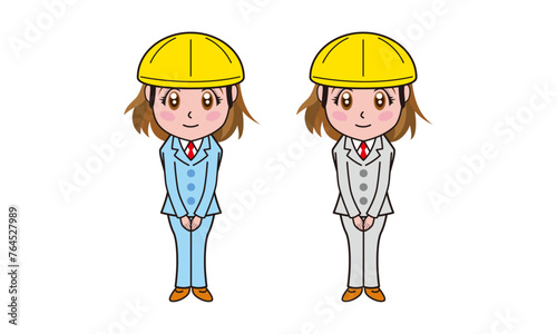 工事現場でお知らせする女性の看板用イラスト