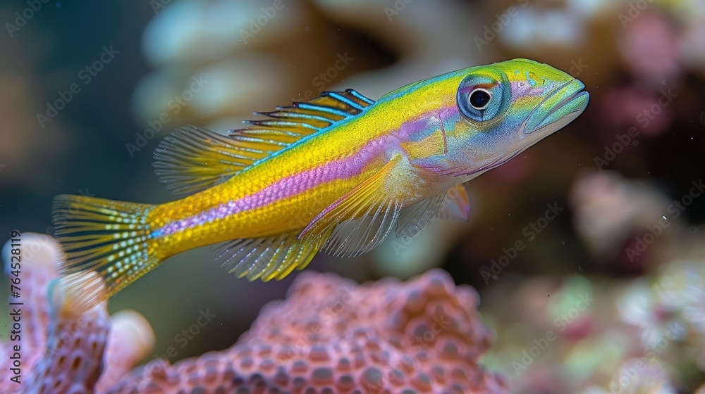 a yellow and blue fish swimming among corals in a vibrant underwater setting a yellow and blue fish swimming among corals in a vibrant underwater setting