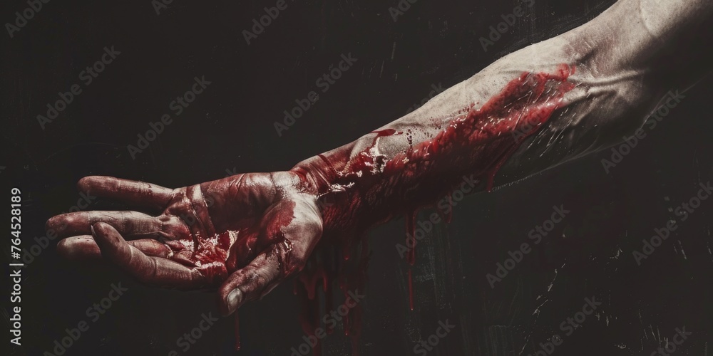 A gruesome image of a bloody hand with blood dripping from it. Perfect for horror or crime scene concepts - obrazy, fototapety, plakaty 