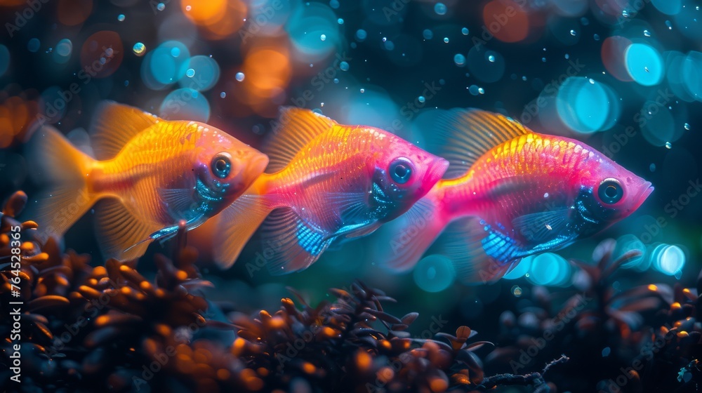  Two fish swim close to each other, surrounded by greenery and water ripples