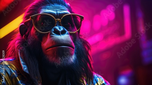 Neon portrait of gorilla rapper, gangster monkey character