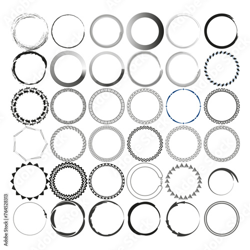 Wide array of circular vector frames with different patterns and brush strokes. Vector illustration. EPS 10.