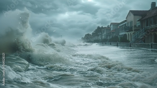 Powerful wave crashing onto sandy beach, perfect for travel and nature themes