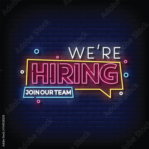 Neon Sign we are hiring with brick wall background vector