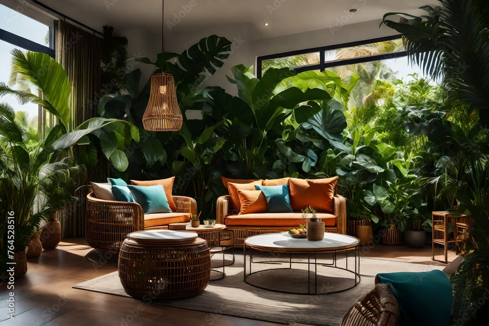 Fototapeta premium A tropical oasis living room with rattan furniture, brilliant colors, and tropical plants evokes a sense of leisure and vacation.