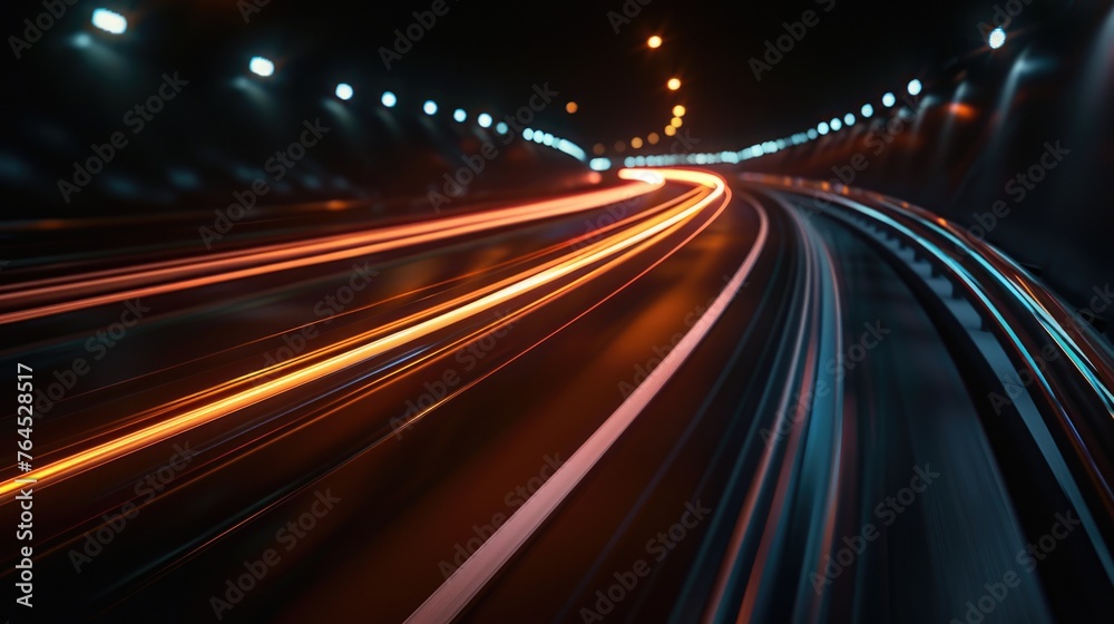 Blurry image of a train track at night. Suitable for transportation concepts