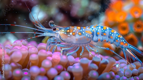  A macro shot of a vivid blue crustacean perched atop a vibrant coral reef, surrounded by an array of similar formations