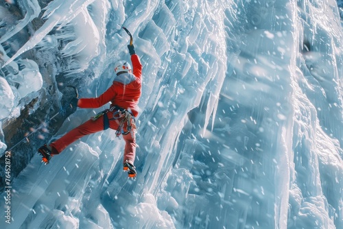 A man in a red jacket climbing on ice. Suitable for outdoor sports and adventure concepts