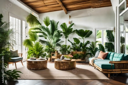A tropical paradise living room with palm leaf prints, bamboo furniture, and a relaxed color palette, bringing the outdoors in. © MB Khan