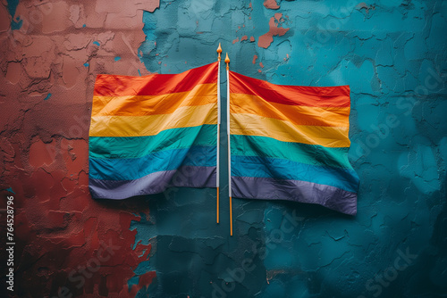 Pride flag against a textured blue wall