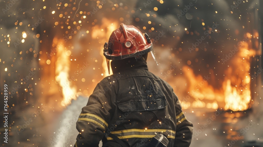 fireman using water and extinguisher to fighting with fire flame in an emergency situation fireman using water and extinguisher to fighting with fire flame in an emergency situation