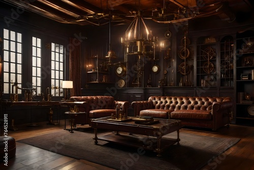A steampunk-themed living room with ancient leather furniture, gears, and brass accessories captures the sense of a bygone period.
