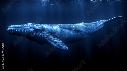  A sleek humpback whale silently glides through the deep, dark ocean blue