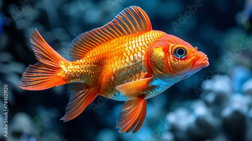  A close-up photo of a goldfish in an aquarium with colorful coral in the backdrop and clear water in the foreground