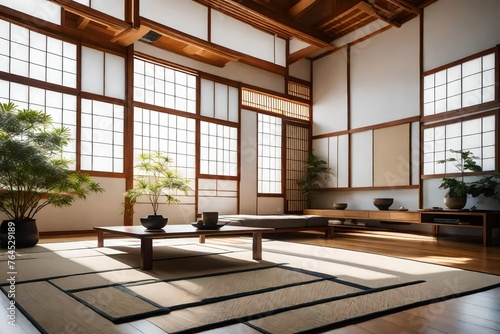 A serene Japanese-inspired living room with tatami mats, shoji screens, and minimalistic furniture, promoting tranquility and mindfulness 