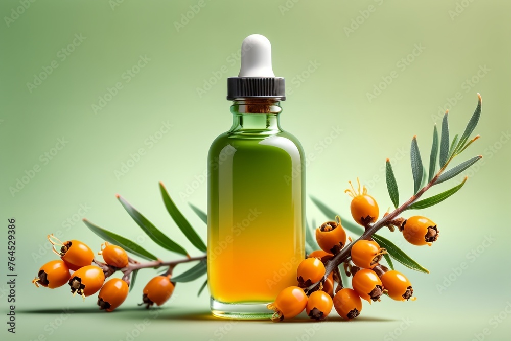 Sea buckthorn tincture in a bottle on a green background