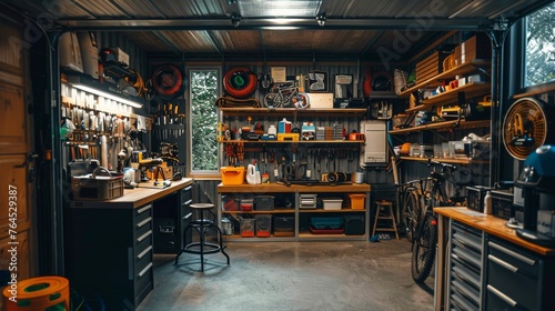 Interior of spacious, bright and clean garage workshop for DIY works and repairs. Workbenches, tools and technical equipment. Bikes, motorcycles and cars repair and tuning.