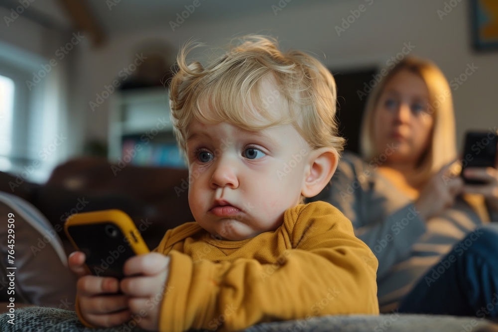 A toddler absorbed in a mobile phone while simultaneously watching television, indicating a lack of responsible parenting A toddler absorbed in a mobile phone while simultaneously watching television, indicating a lack of responsible parenting