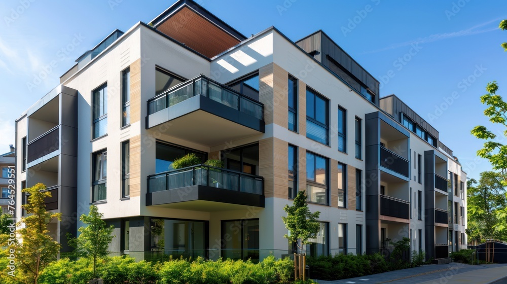 Design contemporary apartment buildings with sleek lines, large windows, and modern architectura