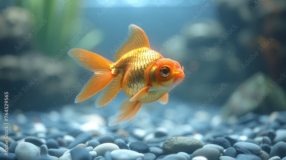 A clear photo of a goldfish in an aquarium surrounded by rocks and water A clear photo of a goldfish in an aquarium surrounded by rocks and water
