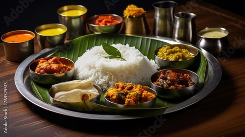 Traditional food Onam Sadya served on Festival day onam, Vegetarian meal with rice and curries, kerala food photo