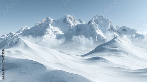  A snowy mountain range in a blue sky, with clouds in the foreground