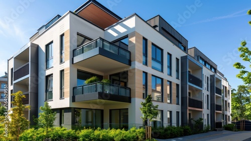 Design contemporary apartment buildings with sleek lines, large windows, and modern architectura photo