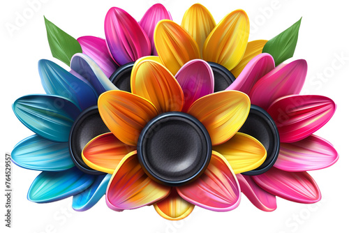a colorful speaker shaped like a flower with petals as speakers isolated on transparent background  png file