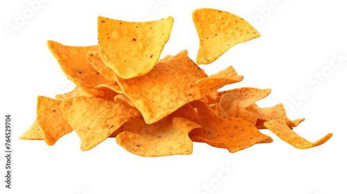 Flying mexican nachos chips isolated on transparent and white background.PNG image. 