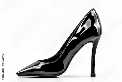 A stylish black high heeled shoe on a clean white surface. Perfect for fashion or shoe-related projects