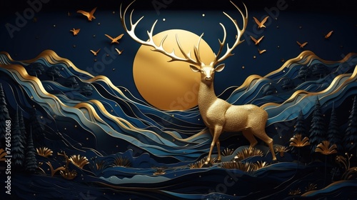 Fototapeta Naklejka Na Ścianę i Meble -  3d modern art mural wallpaper with dark blue and golden wave background. mountains, golden deer and birds. gold on a dark blue backdrop background