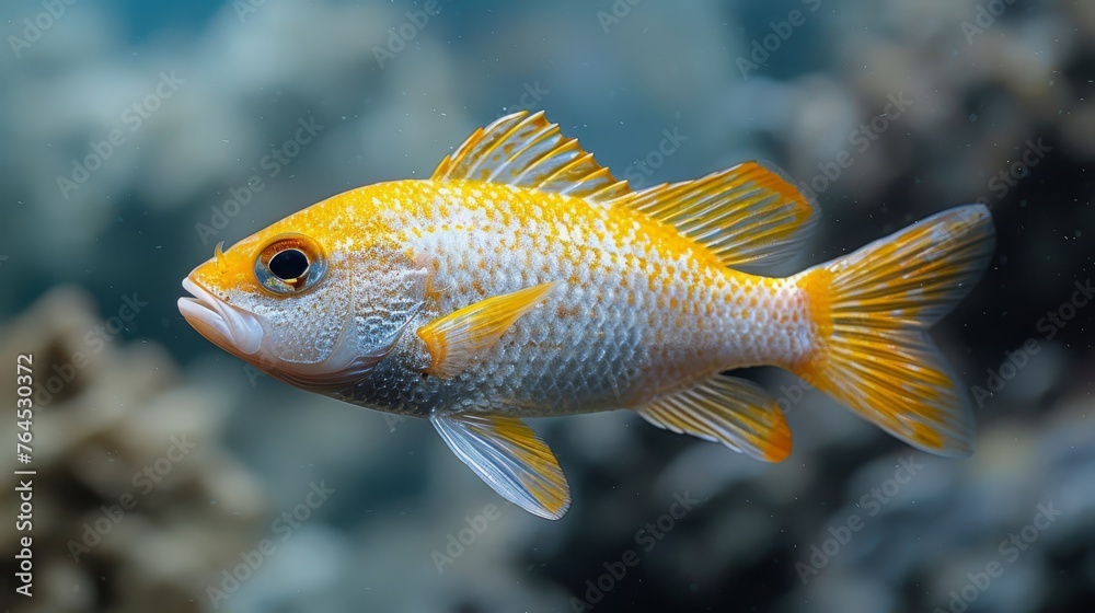  A detailed photo of a goldfish surrounded by coral, with water in focus