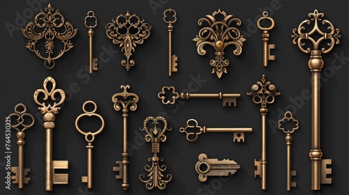 A collection of antique keys on a black background. Ideal for vintage design projects © Fotograf