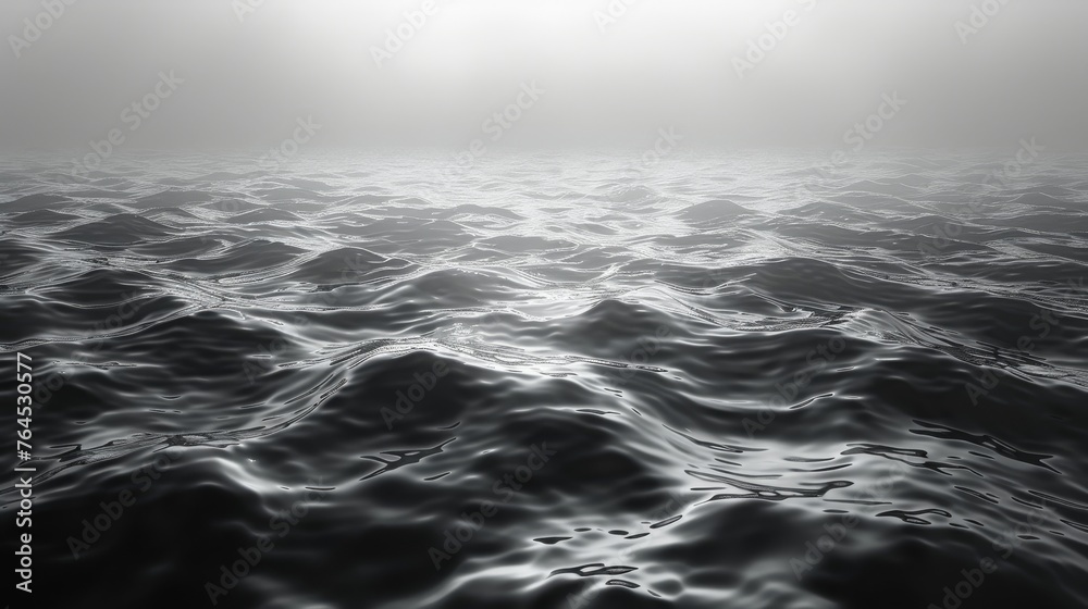  A grayscale image depicts a vast water expanse, illuminated by the sun beyond a hazy atmosphere