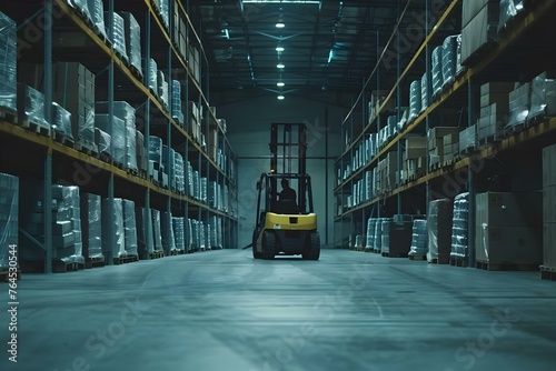 Forklift truck in a warehouse moving pallets and boxes with shelves and concrete floor in the background. Concept Forklift Operation, Warehouse Logistics, Industrial Environment, Material Handling