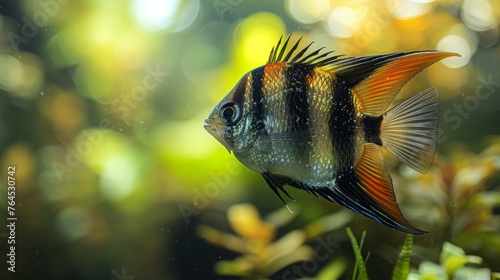  A photo captures a close-up view of an orange and black fish swimming in a tank surrounded by lush green foliage in the foreground and tall trees in the background