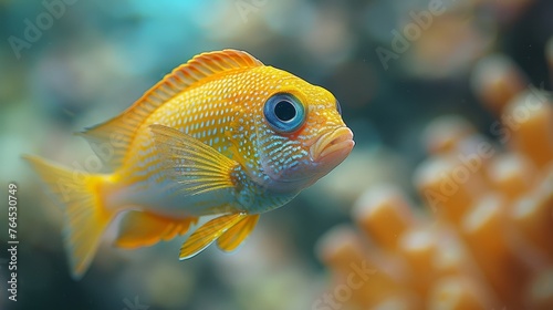  A tight shot of a goldfish amidst vibrant oranges, with foreground and backdrop both featuring brilliant orange coral