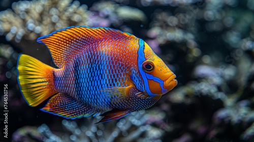  A close-up image of a vibrant blue and yellow fish swimming among colorful coral reefs in clear water
