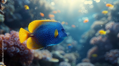  A focused image of a vibrant blue-yellow fish on a coral amidst numerous other fish in the water behind it