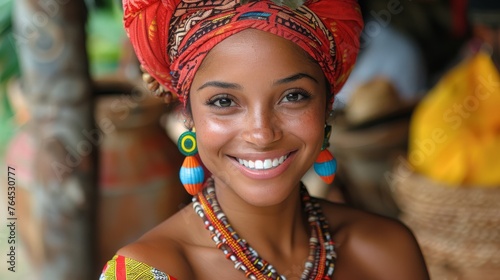  A woman in a colorful headdress grins at the camera, showing happiness on both her face and expression photo
