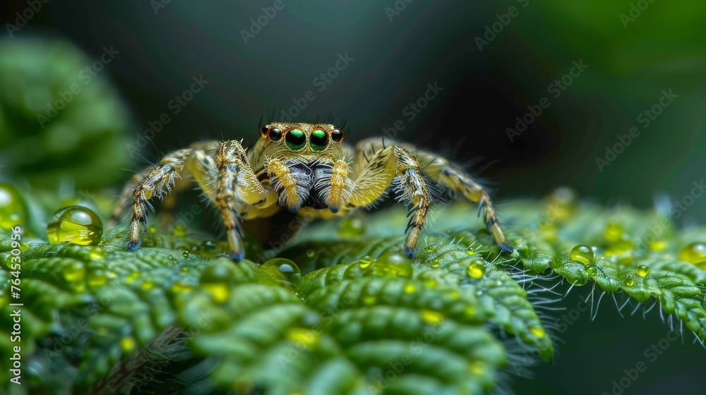 A macro of a leaping arachnid on verdant foliage with droplets glistening on leaf tips A macro of a leaping arachnid on verdant foliage with droplets glistening on leaf tips