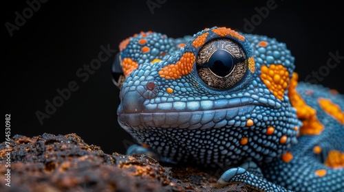  A close-up of a blue and orange gecko with black spots on its face against an orange background