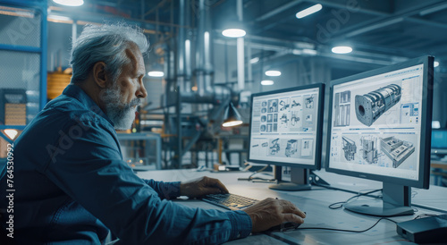 In the modern factory, an engineer is using three computer monitors to design and plan designed parts on helmet mounted cameras in industrial environments