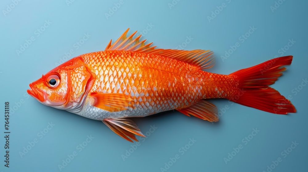 Blue background with goldfish close-up and reflection in eyes Blue background with goldfish close-up and reflection in eyes