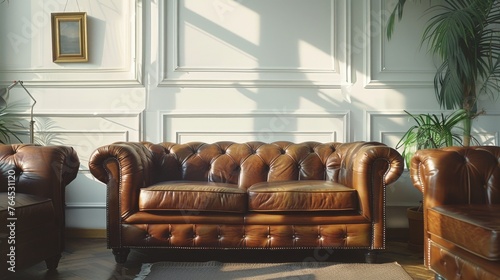 A brown leather couch in a cozy living room. Perfect for interior design projects