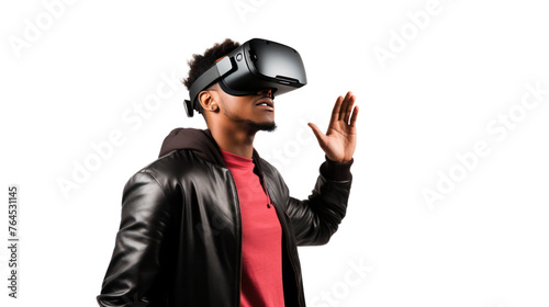Metaverse technology concept,teen male uses modern technologies ,Cheerful stylish female in vr headset isolated on transparent and white background.PNG image. © CStock