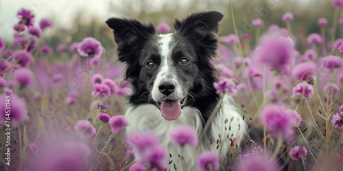 A black and white dog sitting peacefully in a field of purple flowers. Ideal for pet lovers and nature enthusiasts