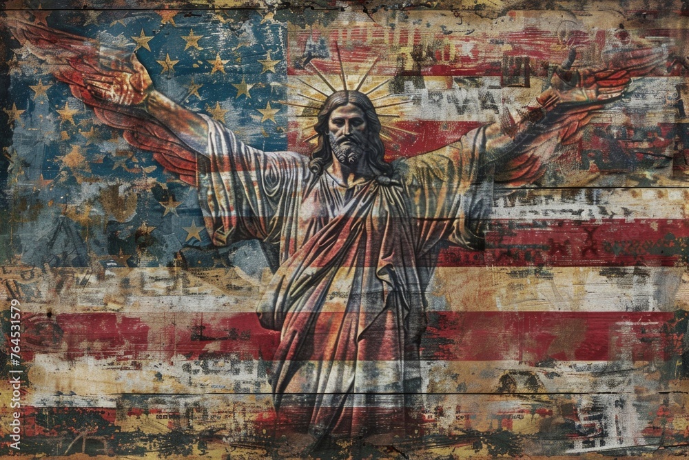 Fototapeta premium Statue of Liberty painting on American flag, suitable for patriotic themes