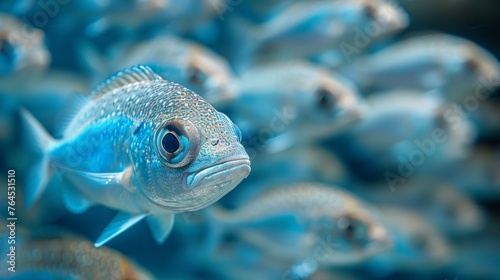  A school of small blue fish swimming in a larger school of smaller blue fish